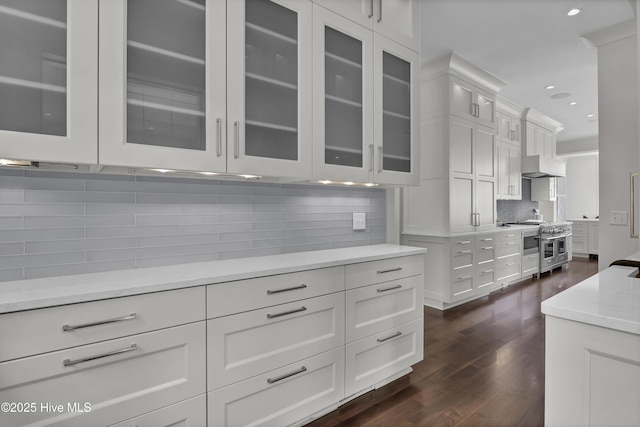1064 Ocean Ridge Dr, Wilmington, NC 28405 - kitchen featuring decorative backsplash, dark wood-style floors, white cabinetry, range with two ovens, and glass insert cabinets