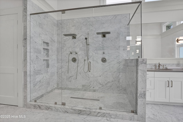 1064 Ocean Ridge Dr, Wilmington, NC 28405 - bathroom with marble look tile flooring, a marble finish shower, and vanity