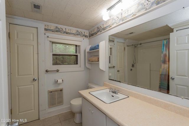 1772 NC-5 Hwy, Aberdeen, NC 28315 - full bathroom featuring heating unit, tile patterned floors, vanity, toilet, and a shower with curtain