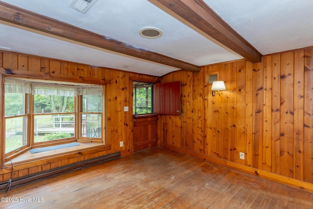 1772 NC-5 Hwy, Aberdeen, NC 28315 - unfurnished room with beam ceiling, baseboard heating, hardwood / wood-style floors, and wood walls