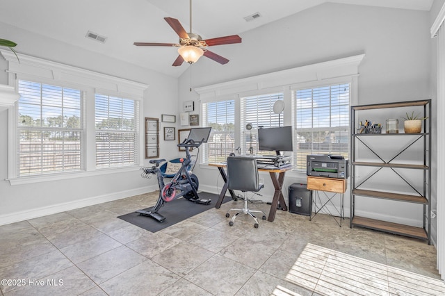 100 Little Acorn Trl, Moyock, NC 27958 - office area with lofted ceiling, ceiling fan, baseboards, and tile patterned flooring