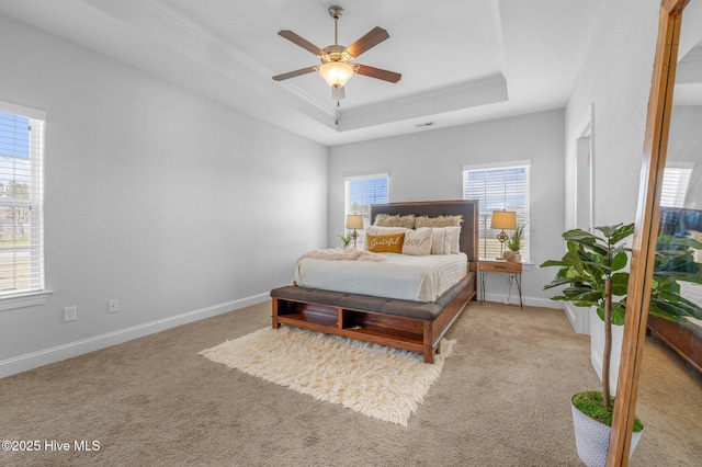 100 Little Acorn Trl, Moyock, NC 27958 - bedroom with a raised ceiling, carpet, crown molding, baseboards, and a ceiling fan
