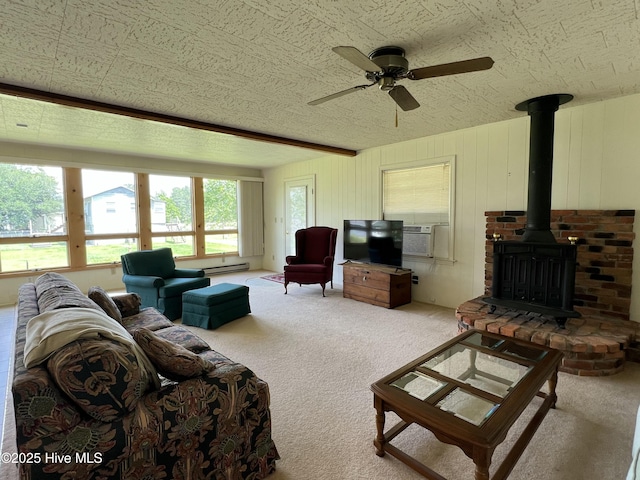 258 Hideaway Rd, Belhaven, NC 27810 - carpeted living area featuring a wood stove, ceiling fan, and a baseboard heating unit