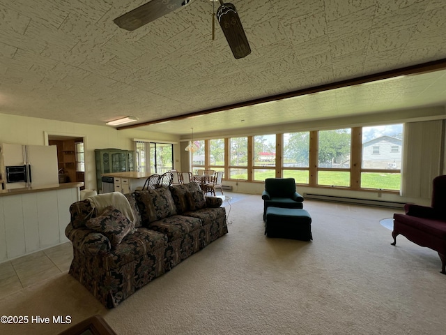 258 Hideaway Rd, Belhaven, NC 27810 - carpeted living area with baseboard heating, plenty of natural light, and ceiling fan
