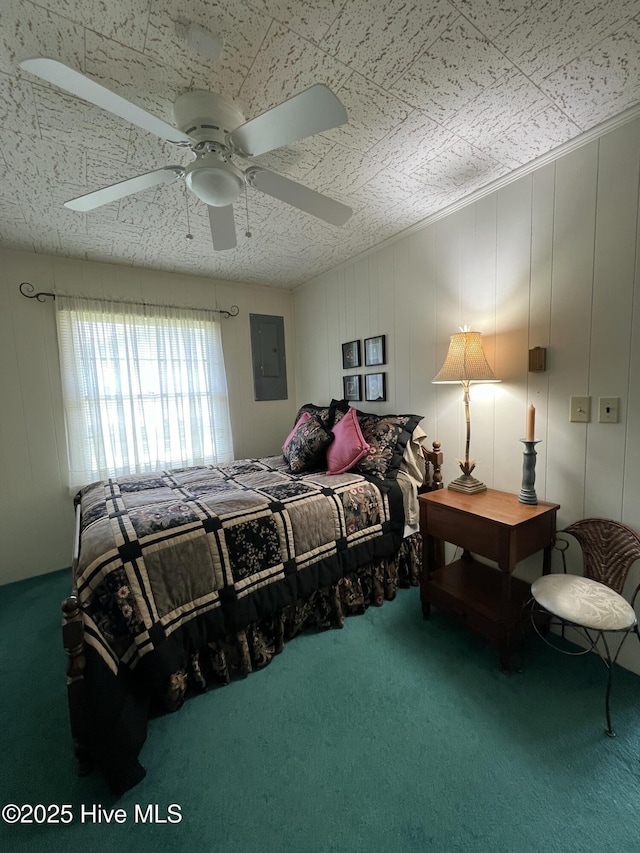 258 Hideaway Rd, Belhaven, NC 27810 - bedroom with carpet flooring, electric panel, and a ceiling fan