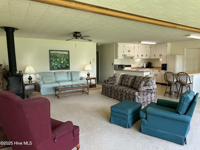 258 Hideaway Rd, Belhaven, NC 27810 - living area with a wood stove, light carpet, and a ceiling fan