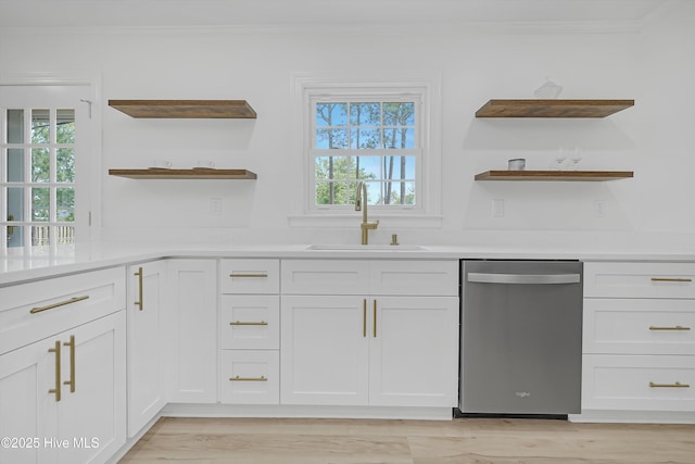 3825 Canterbury Rd, Wilmington, NC 28403 - kitchen with dishwasher, open shelves, a sink, white cabinets, and ornamental molding
