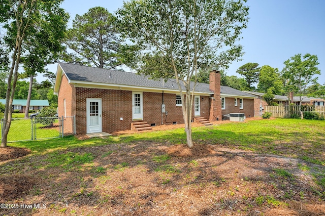 3825 Canterbury Rd, Wilmington, NC 28403 - rear view of property with entry steps, a gate, a chimney, brick siding, and crawl space