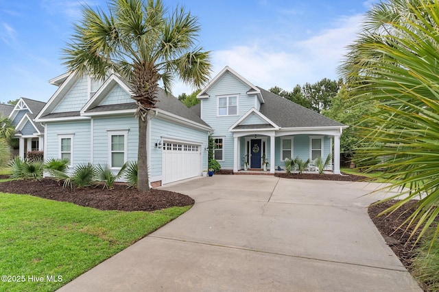 712 Tanbridge Rd, Wilmington, NC 28405 - view of front facade featuring concrete driveway, a porch, an attached garage, a front lawn, and roof with shingles