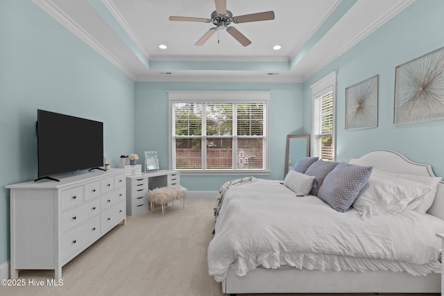 712 Tanbridge Rd, Wilmington, NC 28405 - bedroom with light colored carpet, a tray ceiling, ornamental molding, baseboards, and recessed lighting
