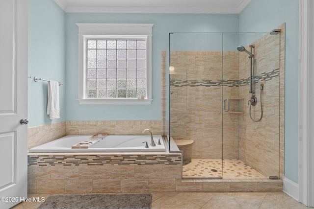 712 Tanbridge Rd, Wilmington, NC 28405 - full bath with a garden tub, a shower stall, crown molding, and tile patterned floors