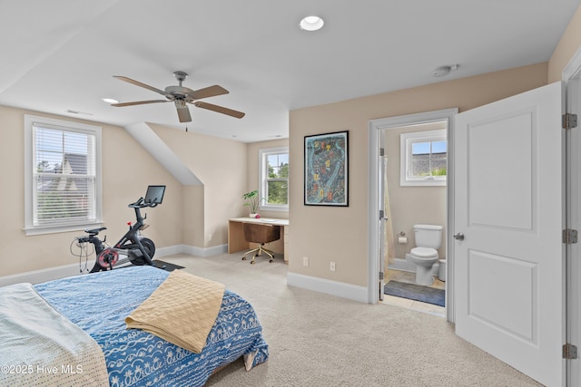 712 Tanbridge Rd, Wilmington, NC 28405 - bedroom featuring baseboards, carpet floors, a desk, connected bathroom, and a ceiling fan