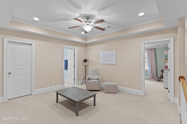 712 Tanbridge Rd, Wilmington, NC 28405 - sitting room with a raised ceiling, light colored carpet, a ceiling fan, ornamental molding, and recessed lighting