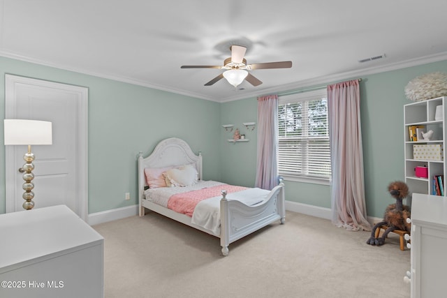 712 Tanbridge Rd, Wilmington, NC 28405 - bedroom with light colored carpet, crown molding, baseboards, and a ceiling fan