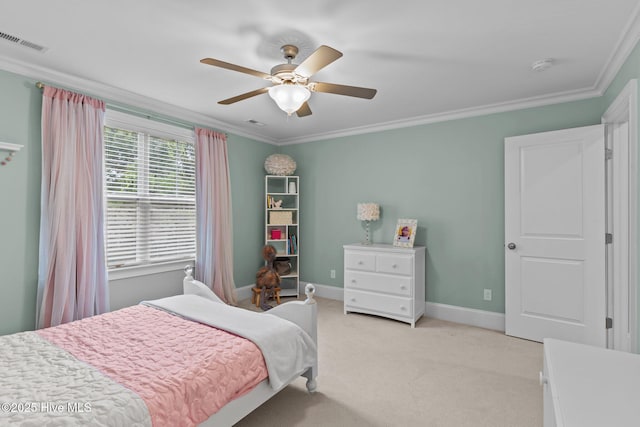 712 Tanbridge Rd, Wilmington, NC 28405 - bedroom with light colored carpet, ornamental molding, baseboards, and ceiling fan