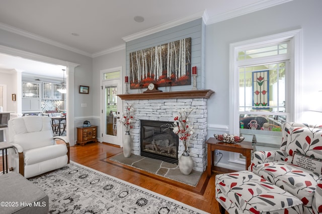 844 E Darden Rd, Faison, NC 28341 - living area with crown molding, wood finished floors, a stone fireplace, and a wainscoted wall