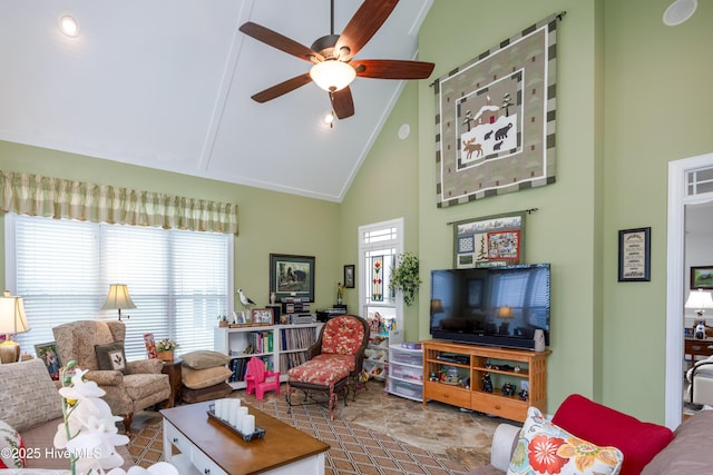 844 E Darden Rd, Faison, NC 28341 - living area featuring high vaulted ceiling, a ceiling fan, and beamed ceiling
