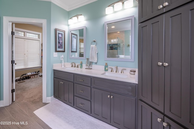 844 E Darden Rd, Faison, NC 28341 - bathroom with crown molding and double vanity