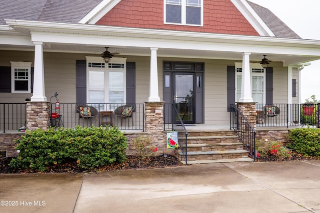 844 E Darden Rd, Faison, NC 28341 - doorway to property featuring a ceiling fan, covered porch, and a shingled roof