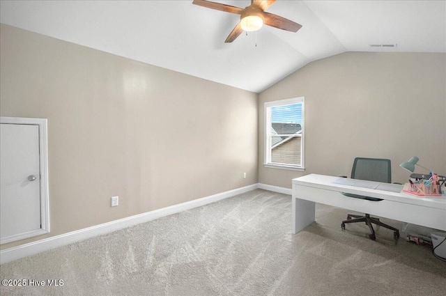 5735 Orchardgrass Rd, Leland, NC 28451 - carpeted home office featuring ceiling fan, lofted ceiling, and baseboards