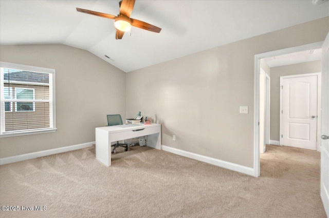 5735 Orchardgrass Rd, Leland, NC 28451 - office area featuring carpet floors, lofted ceiling, a ceiling fan, and baseboards