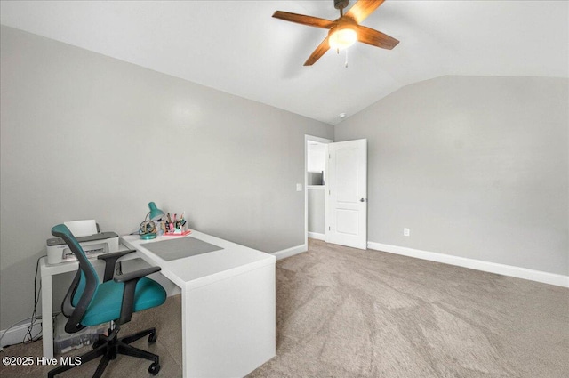 5735 Orchardgrass Rd, Leland, NC 28451 - carpeted home office featuring vaulted ceiling, ceiling fan, and baseboards