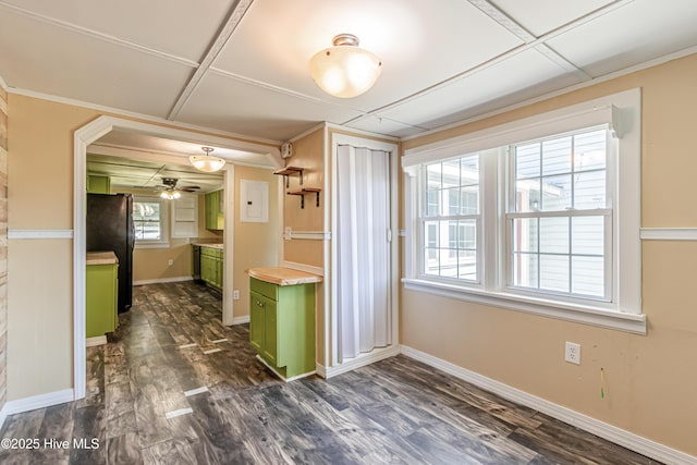 105 Queens Rd, Jacksonville, NC 28540 - kitchen with green cabinets, freestanding refrigerator, dark wood-type flooring, and baseboards