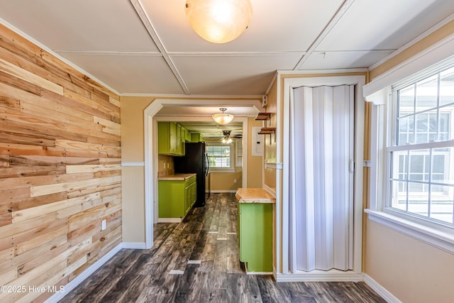 105 Queens Rd, Jacksonville, NC 28540 - kitchen featuring green cabinets, freestanding refrigerator, dark wood-style floors, ceiling fan, and light countertops