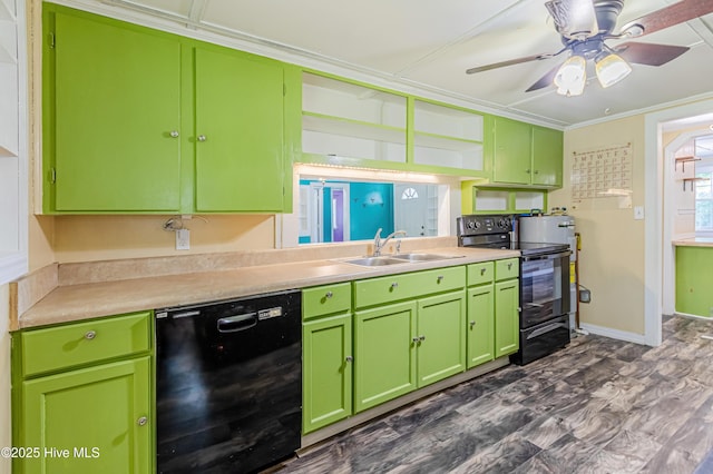 105 Queens Rd, Jacksonville, NC 28540 - kitchen featuring black appliances, a sink, light countertops, a ceiling fan, and green cabinetry