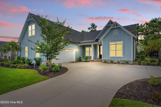 2676 W Timber Crest Dr, Leland, NC 28451 - modern farmhouse featuring board and batten siding, concrete driveway, a garage, a front lawn, and a shingled roof