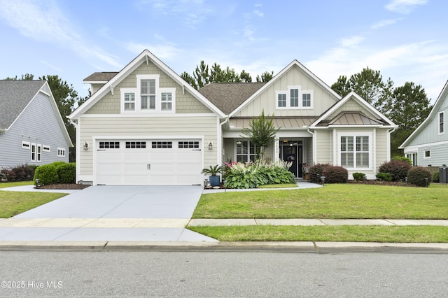 3020 Eno Ln, Leland, NC 28451 - craftsman house featuring concrete driveway, a front lawn, a standing seam roof, central air condition unit, and a garage