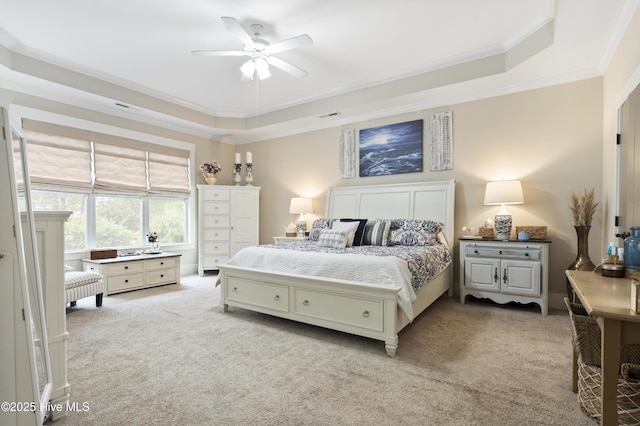 3020 Eno Ln, Leland, NC 28451 - bedroom with a raised ceiling, ornamental molding, light colored carpet, and ceiling fan