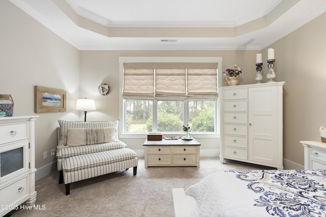 3020 Eno Ln, Leland, NC 28451 - bedroom with a raised ceiling, light colored carpet, and crown molding