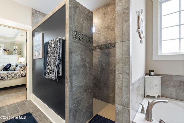 3020 Eno Ln, Leland, NC 28451 - full bath featuring ensuite bath, a garden tub, crown molding, and walk in shower