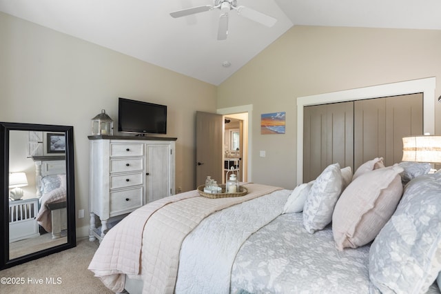 3020 Eno Ln, Leland, NC 28451 - bedroom with light colored carpet, high vaulted ceiling, a closet, and a ceiling fan