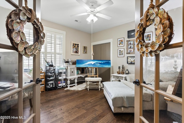 3020 Eno Ln, Leland, NC 28451 - bedroom featuring dark wood finished floors, a ceiling fan, and french doors