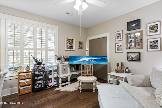 3020 Eno Ln, Leland, NC 28451 - office area featuring dark wood-style floors, plenty of natural light, and a ceiling fan