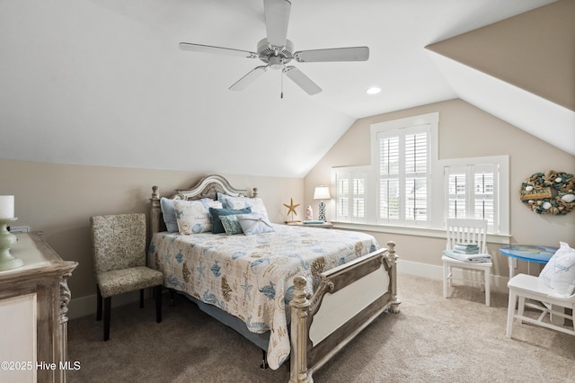 3020 Eno Ln, Leland, NC 28451 - carpeted bedroom with vaulted ceiling, ceiling fan, and baseboards