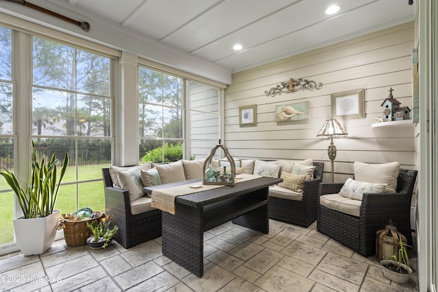 3020 Eno Ln, Leland, NC 28451 - sunroom / solarium featuring an outdoor living space, healthy amount of natural light, wood walls, and recessed lighting