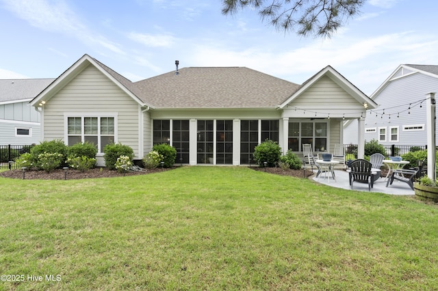 3020 Eno Ln, Leland, NC 28451 - back of house with a patio area, a shingled roof, and a sunroom