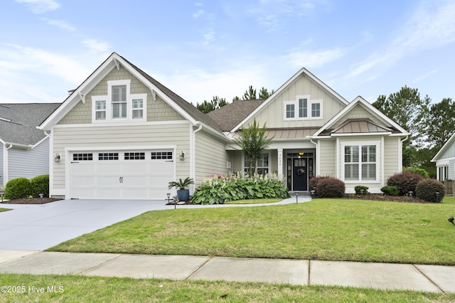 3020 Eno Ln, Leland, NC 28451 - craftsman inspired home featuring a front lawn, driveway, a garage, board and batten siding, and a standing seam roof