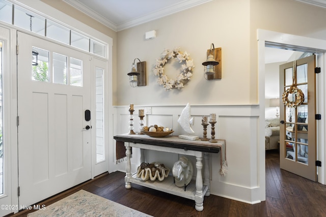 3020 Eno Ln, Leland, NC 28451 - foyer featuring ornamental molding, wood finished floors, and a wainscoted wall