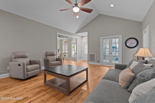 195 Devonshire Ave W, Seven Lakes, NC 27376 - living room with ceiling fan, high vaulted ceiling, light wood-style floors, baseboards, and recessed lighting