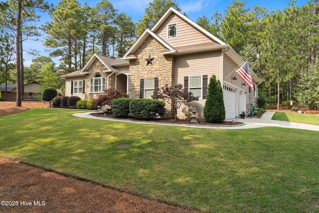 195 Devonshire Ave W, Seven Lakes, NC 27376 - view of front of house featuring stone siding, driveway, and a front lawn