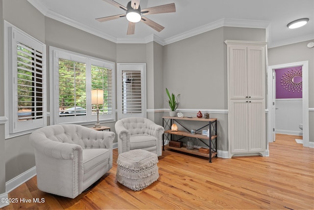 195 Devonshire Ave W, Seven Lakes, NC 27376 - sitting room with light wood-style floors, a ceiling fan, ornamental molding, and baseboards