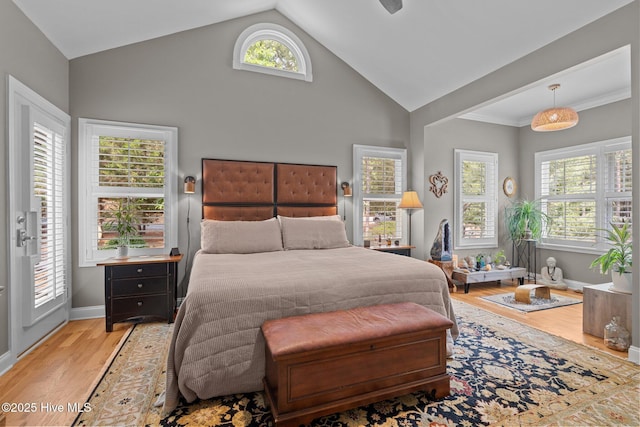 195 Devonshire Ave W, Seven Lakes, NC 27376 - bedroom featuring light wood-type flooring, baseboards, and high vaulted ceiling