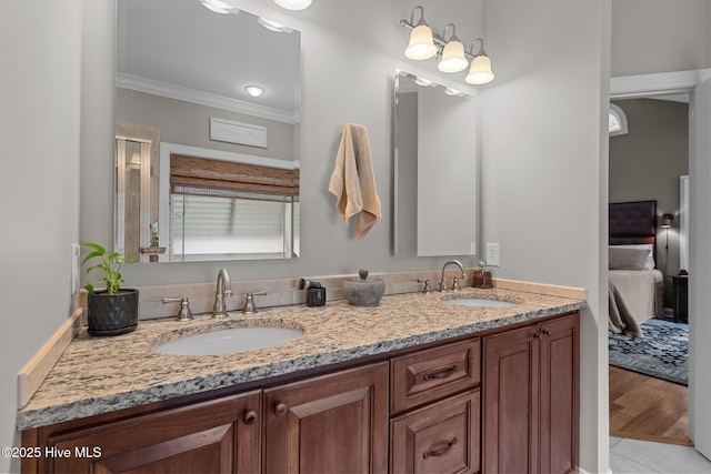 195 Devonshire Ave W, Seven Lakes, NC 27376 - full bath with connected bathroom, double vanity, and ornamental molding