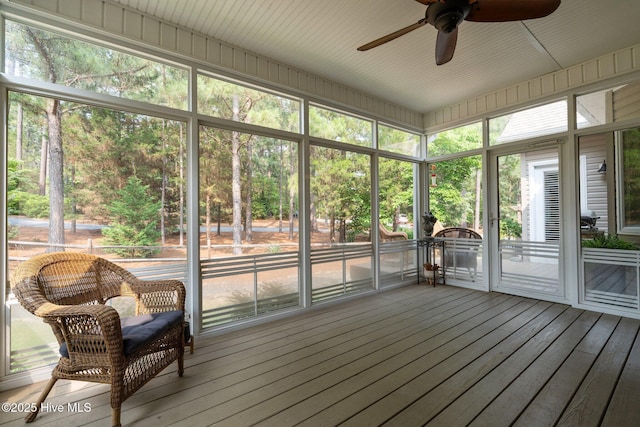 195 Devonshire Ave W, Seven Lakes, NC 27376 - sunroom / solarium with a ceiling fan and view of wooded area