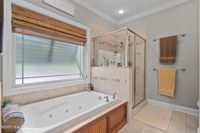 195 Devonshire Ave W, Seven Lakes, NC 27376 - full bath featuring a jetted tub, a shower stall, tile patterned flooring, ornamental molding, and baseboards