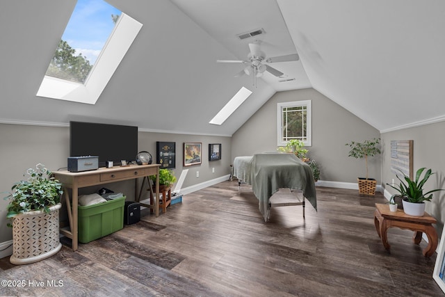 195 Devonshire Ave W, Seven Lakes, NC 27376 - bedroom featuring a skylight, vaulted ceiling, wood finished floors, baseboards, and a ceiling fan